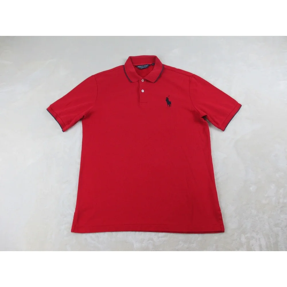 Ralph Lauren Polo Shirt Mens‎ Medium Red Blue Pony Golf Golfer Cotton Casual